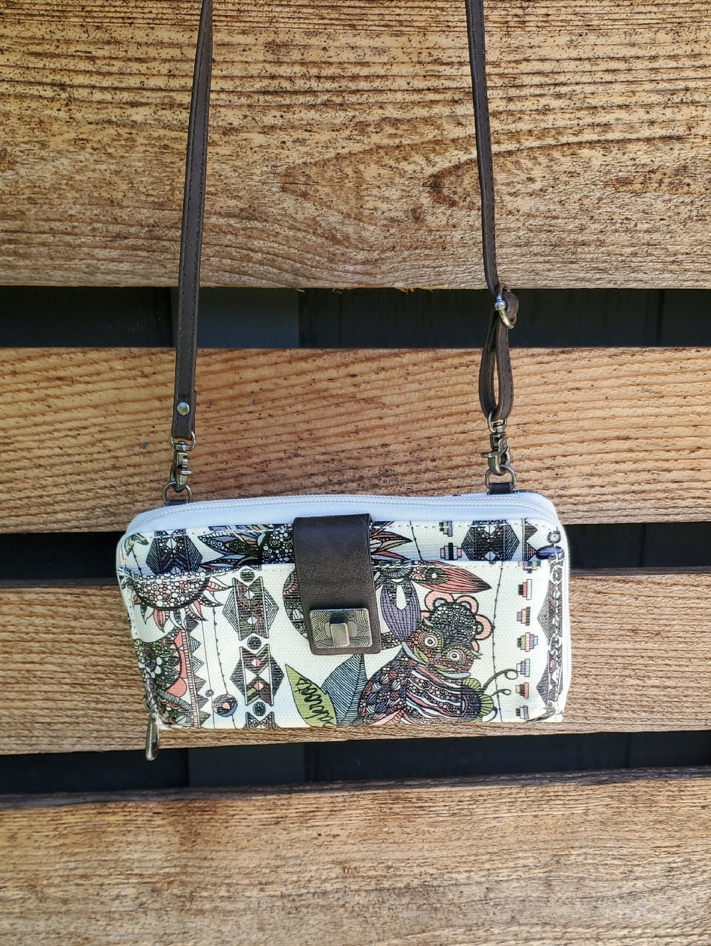Sakroots Owl Crossbody Wallet in White and Brown